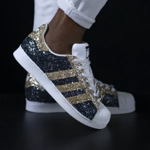superstar take me back adidas sneakers personalizzate glitter blu oro da dressed
